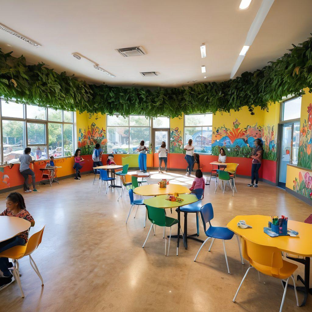 A vibrant community center bustling with diverse people engaging in joyful activities, such as dancing, art classes, and group discussions. Lush greenery surrounds the center, symbolizing growth and nurturing relationships. Bright, warm colors create an inviting atmosphere, highlighting smiles and connections among individuals. Artistic murals on the walls reflect happiness and unity. super-realistic. vibrant colors. 3D.