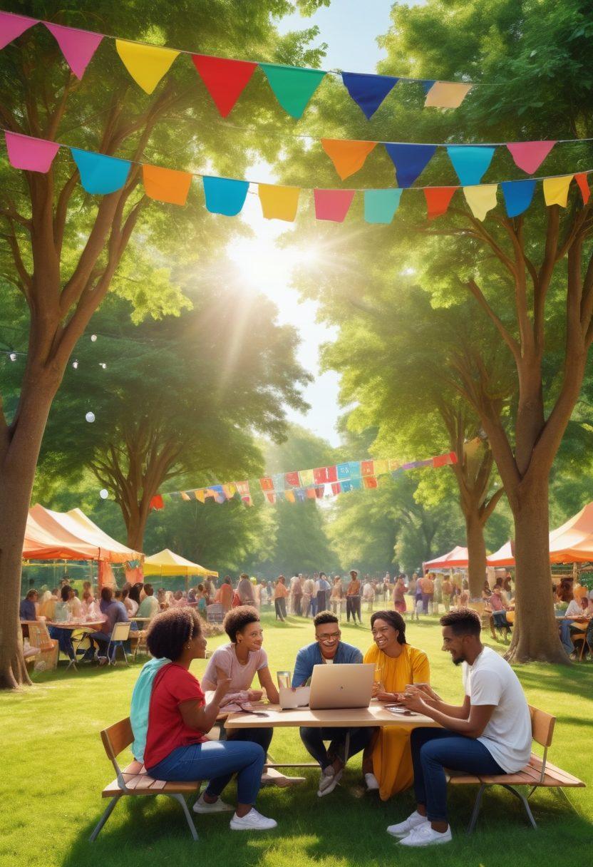 A vibrant community gathering scene featuring diverse people connecting and sharing ideas in a sunlit park. Include colorful banners and picnic setups, with individuals engaging in discussions and exchanging content on laptops and tablets. Emphasize joyful expressions and community spirit through dynamic poses and varied cultural attire. The background should showcase lush greenery and a welcoming atmosphere. bright colors. 3D. vibrant style.