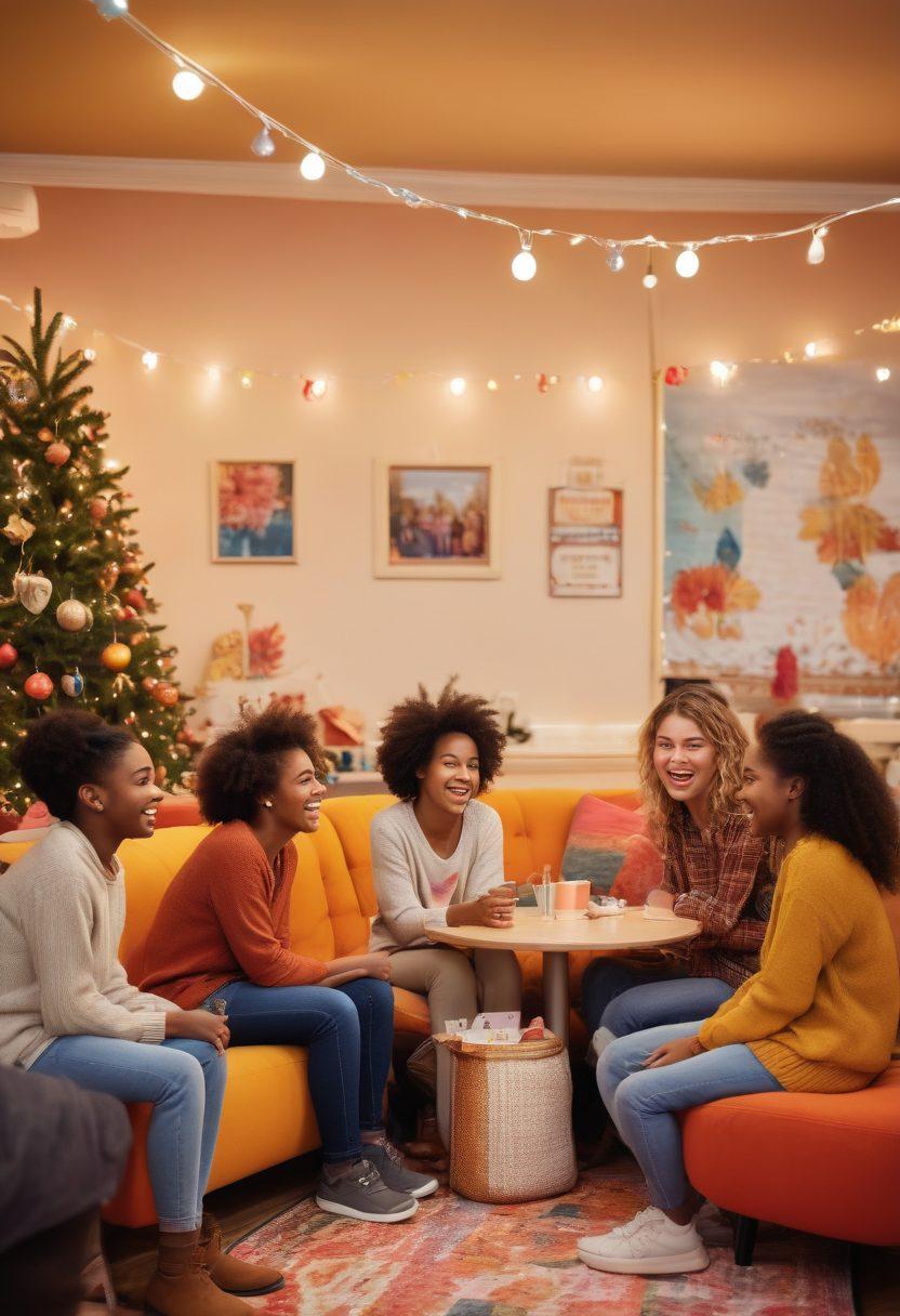 A warm, inviting scene of diverse friends laughing and sharing stories at a local community hub, surrounded by colorful decorations and cozy seating. Children playing in the background, showcasing joy and connection. Soft lighting that creates a peaceful atmosphere, with a focus on smiling faces and genuine interactions. The setting should evoke a sense of belonging and happiness. vibrant colors. super-realistic.